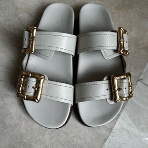 SCHUTZ White and Gold Double Strap Sandals